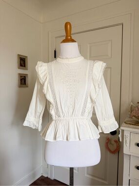 Sweet White Cotton Edwardian Style High Neck Eyelet Lace Blouse